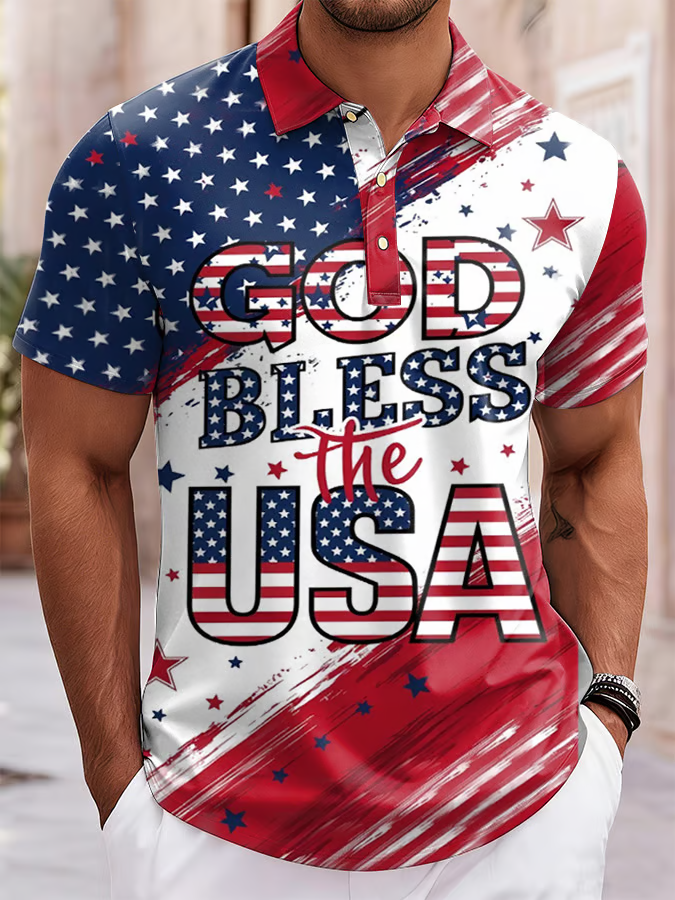 Men'S Casual American Independence Day God Bless The USA Printed Celebration Short Sleeved Polo Shirt