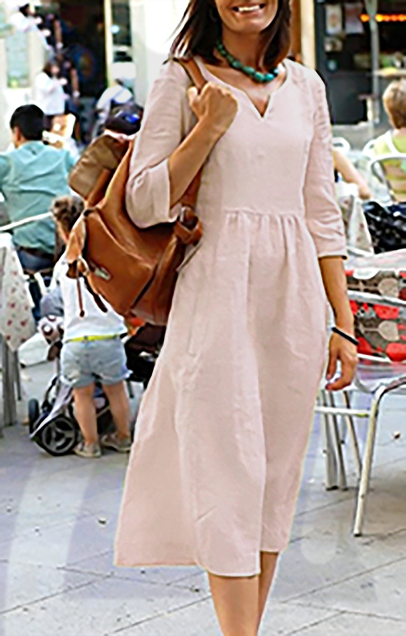 V-Neck Casual Dress, Three-Quarter Sleeves, With Pockets