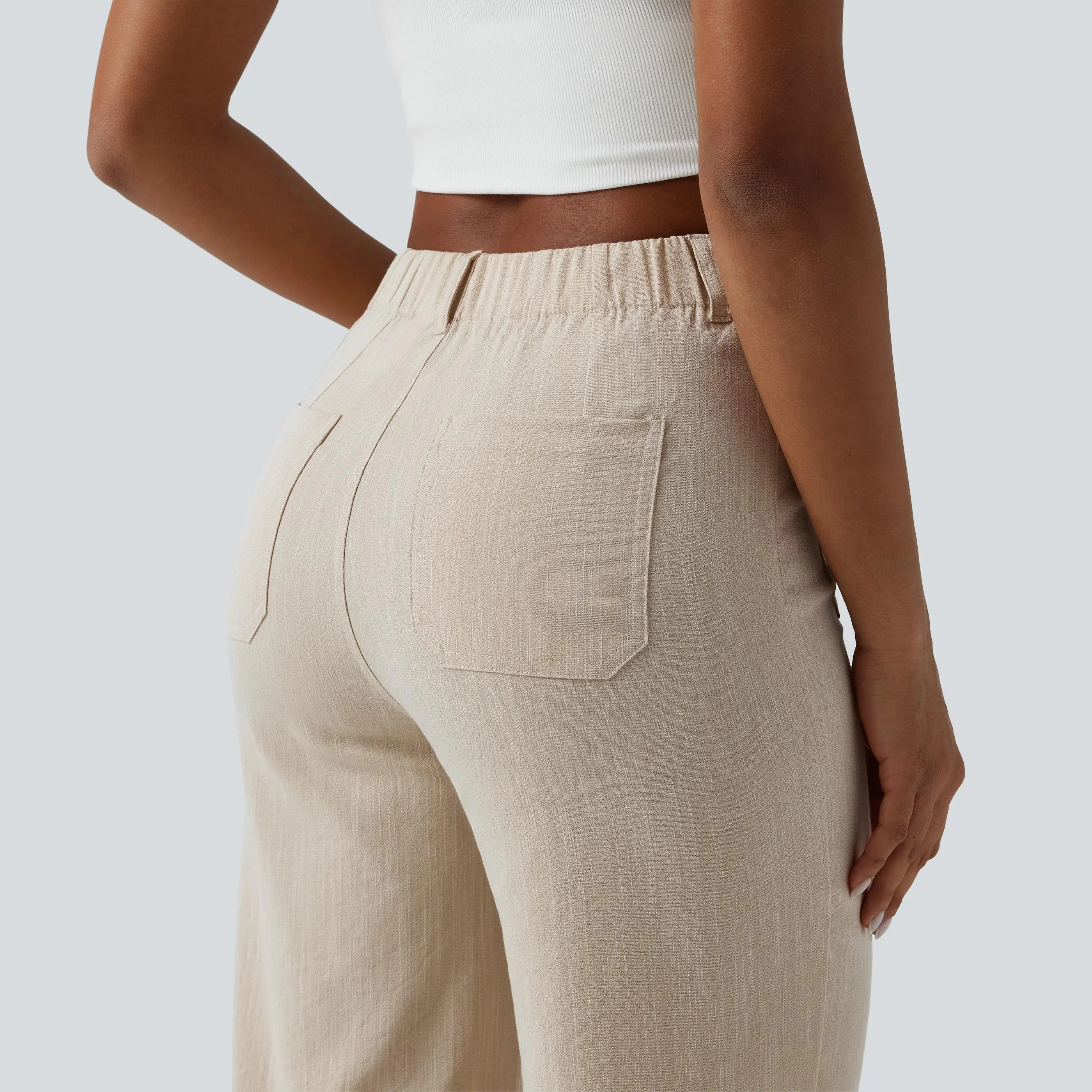 High-waisted straight-leg casual trousers with a linen-like texture