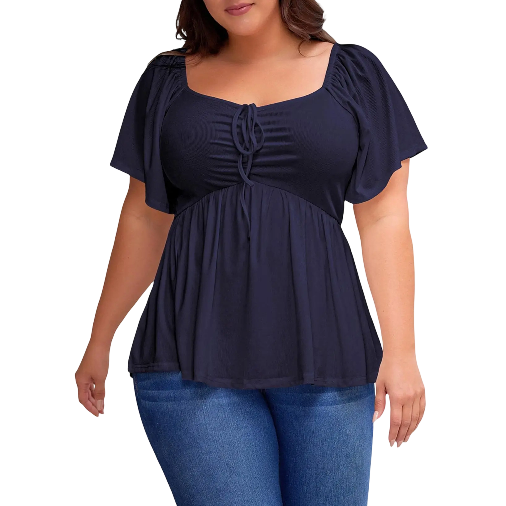 Women Plus Size Sweetheart Neck Short Sleeve Shirred Peplum Rib Blouse Tops Shirts