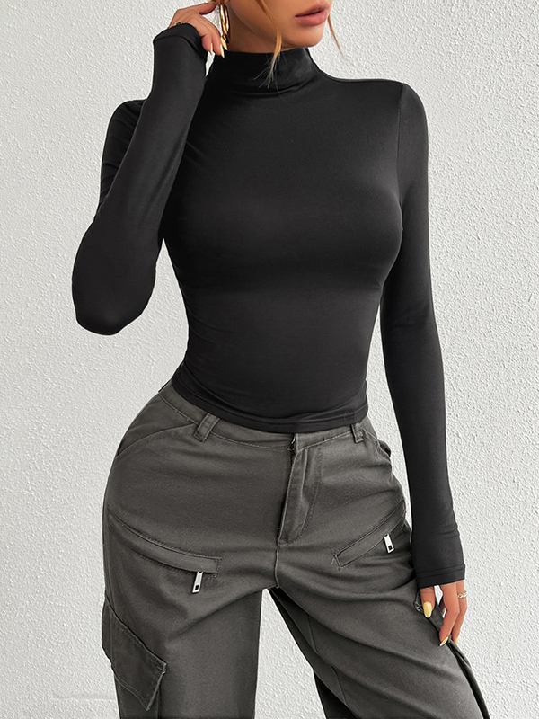 Solid Color Long Sleeves Skinny High Neck T-Shirts Tops