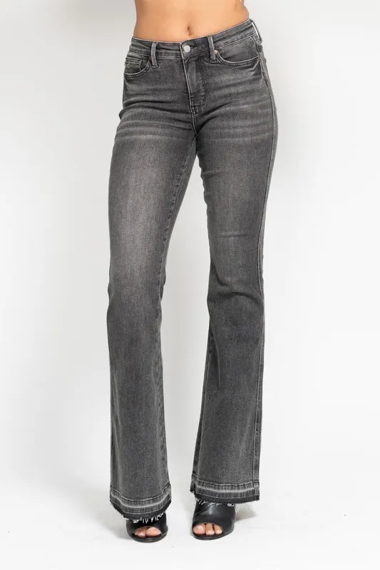 Blue Full Size Midi Rise Tummy Control Washed Gray Release Hem Flare Jeans Plus Size