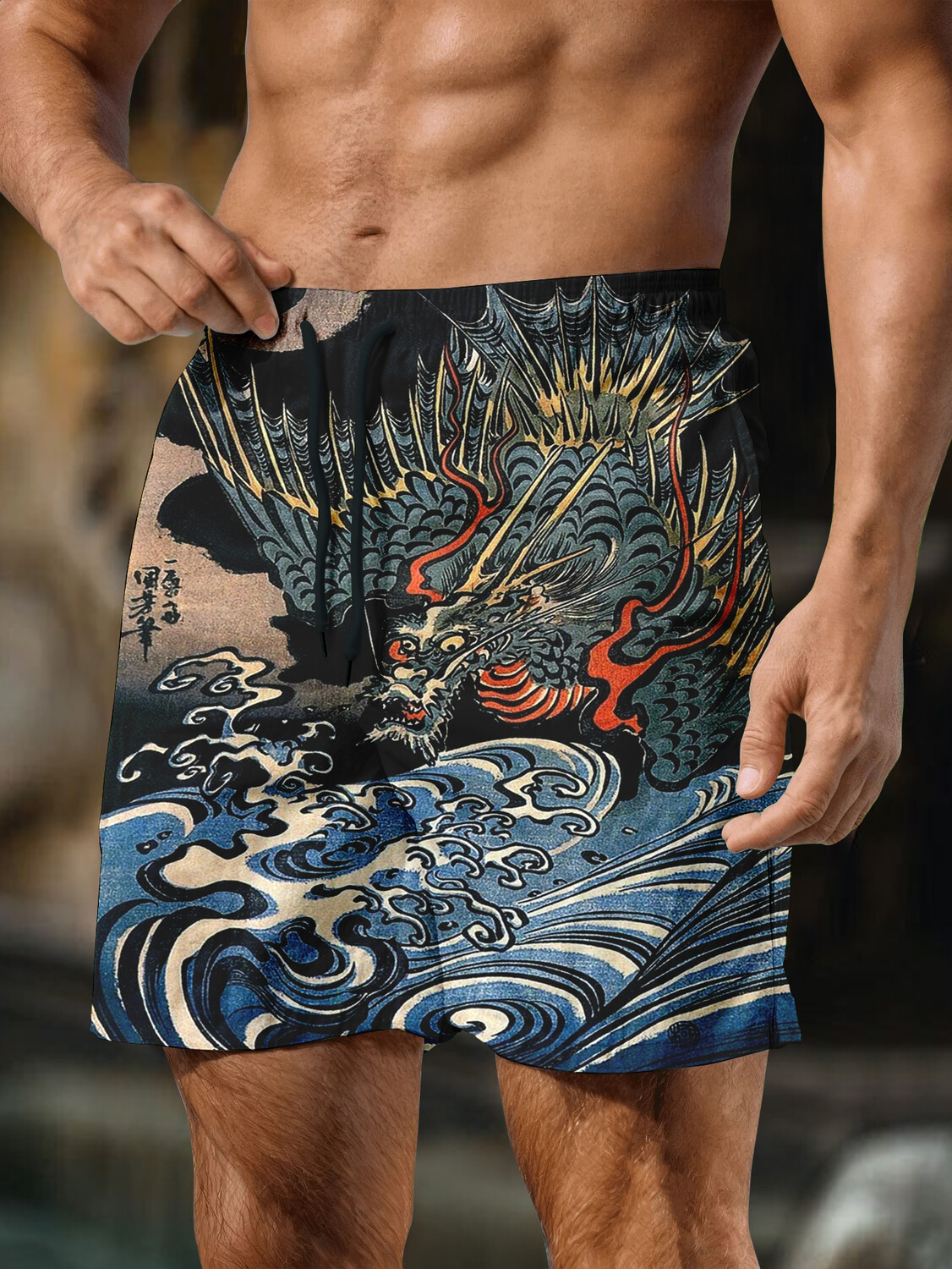 Men's Dragon Wave Japanese Art Vintage Print Casual Shorts