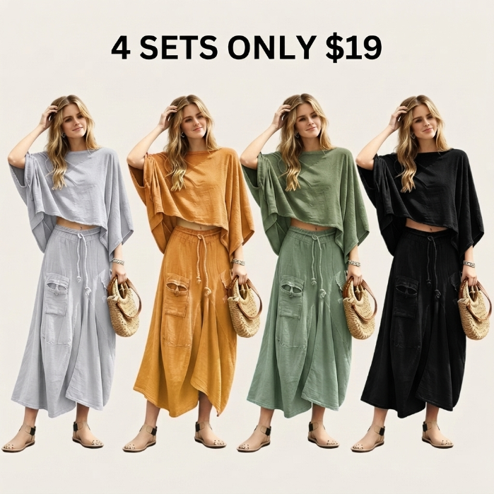 Women’s 2-Piece Loose Vintage-Style Batwing Sleeve Skirt Set