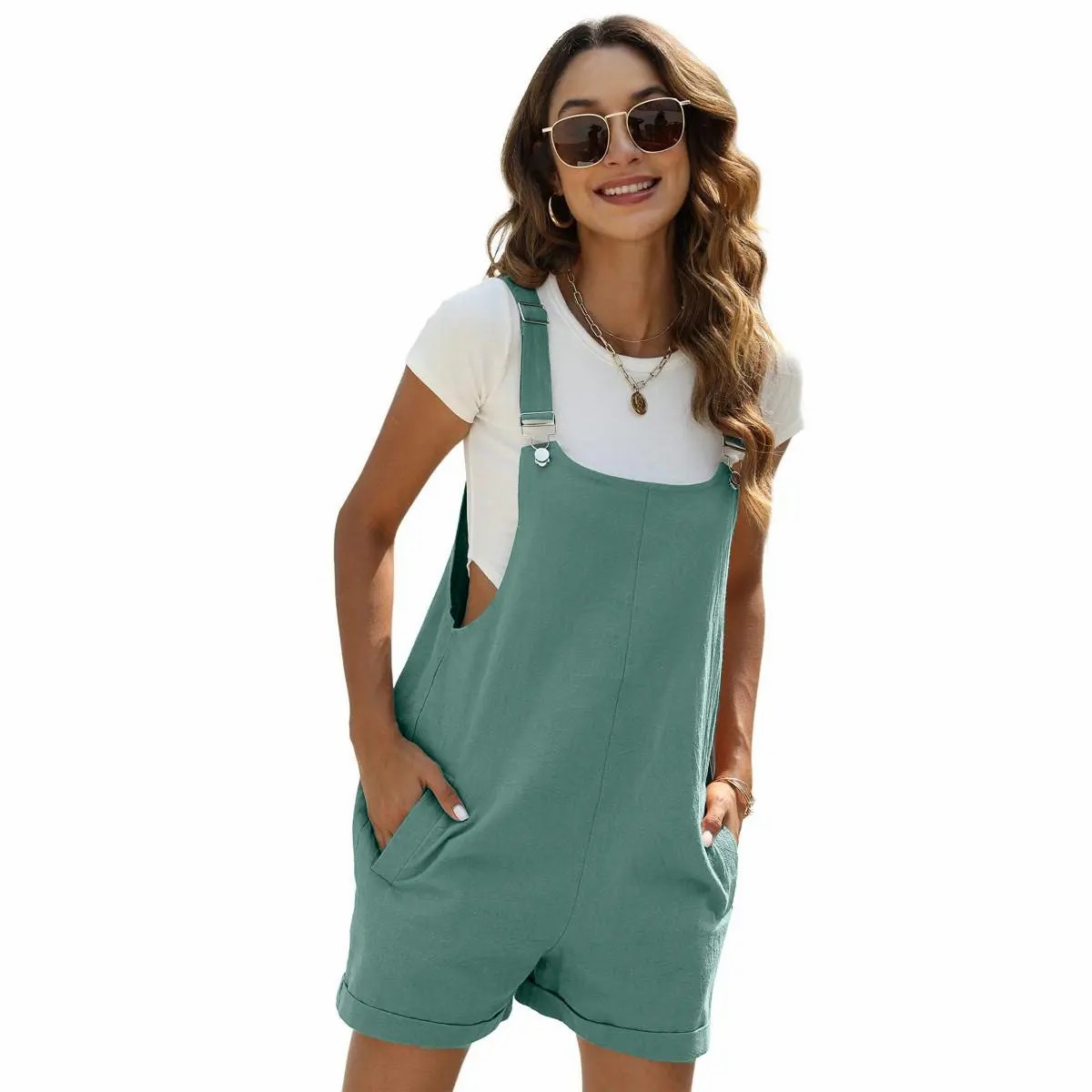Women's Sleeveless Bib Shortalls – Cotton Linen Pinafore Overalls with Pockets & Adjustable Straps