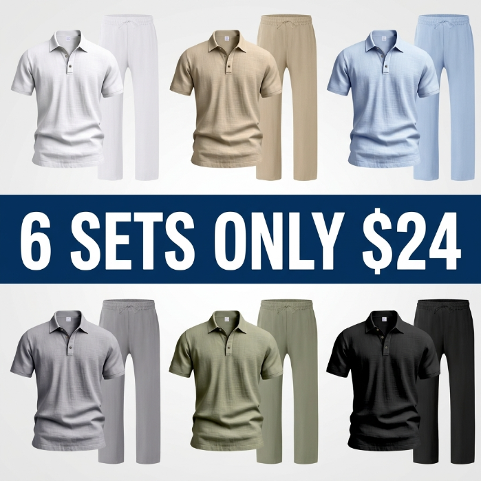 Men’s Linen Beach Two Piece Set, Casual Short Sleeve Button Down Shirt and Loose Long Pants Set
