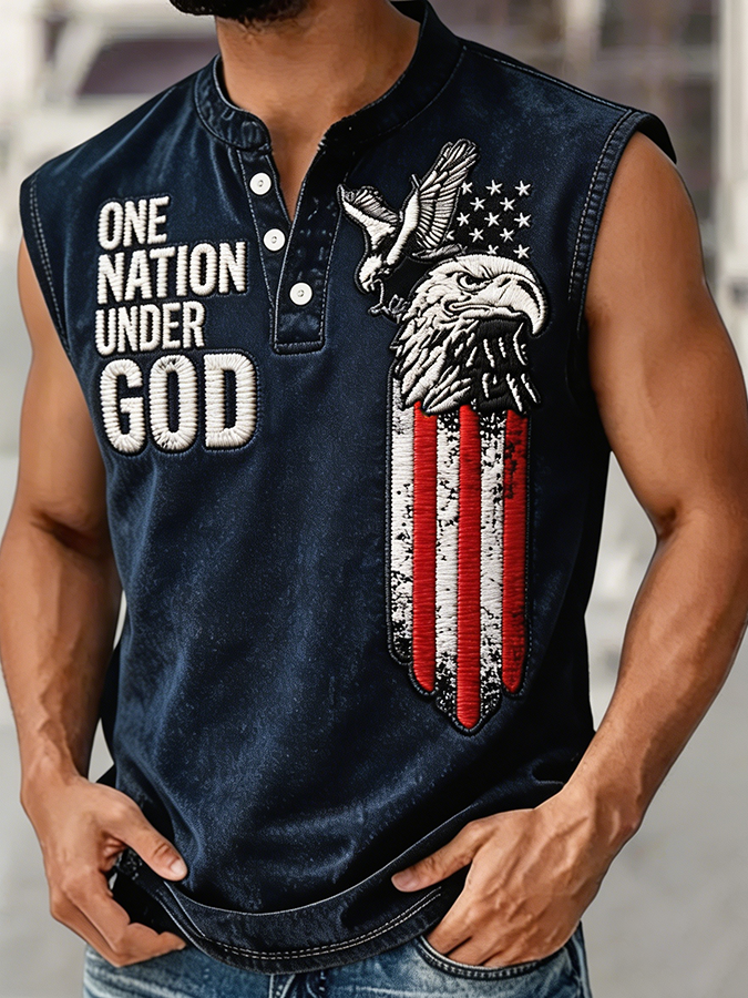 Men's One Nation Under God Bald Eagle USA Flag Embroidered Sleeveless Top