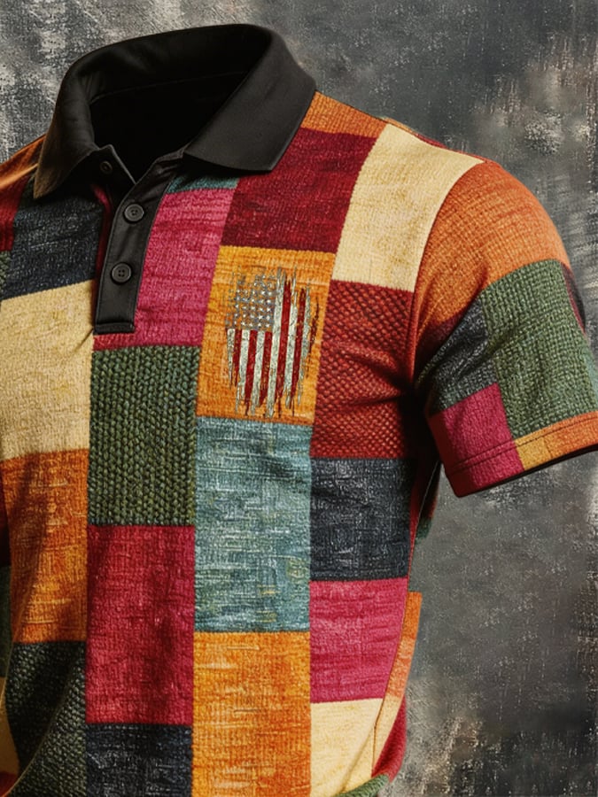 Men's Retro Patriotic Color-Block Short-Sleeve Polo Shirt