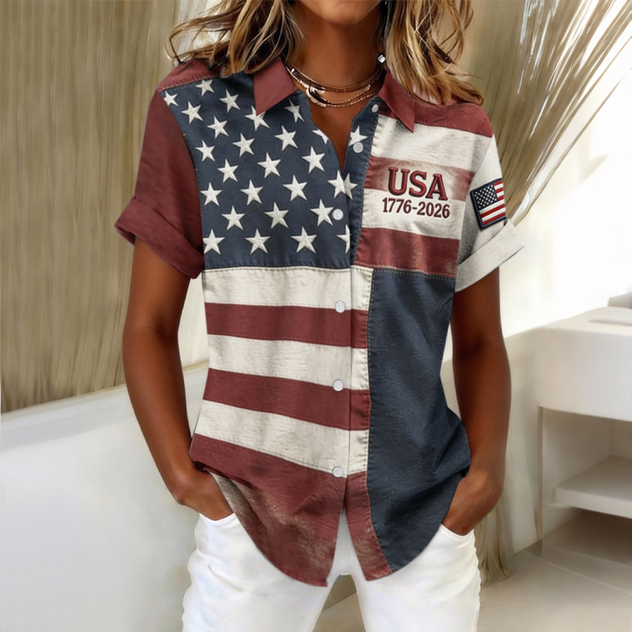 Women'S Independence Day Patriotic American Flag 250Th Anniversary Button Short Sleeve Shirt