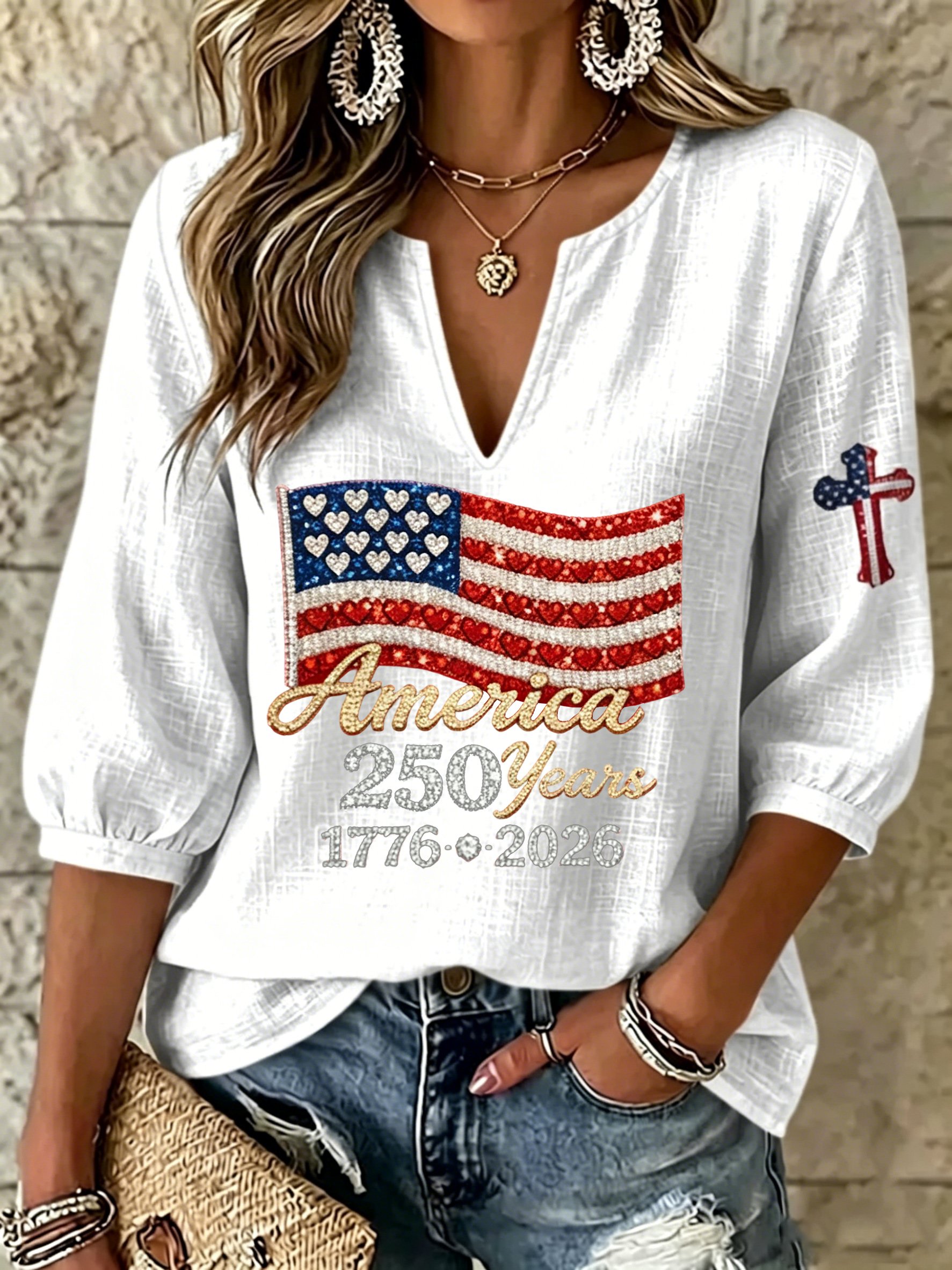 Women's U.S. 250th Anniversary Print V-Neck Top