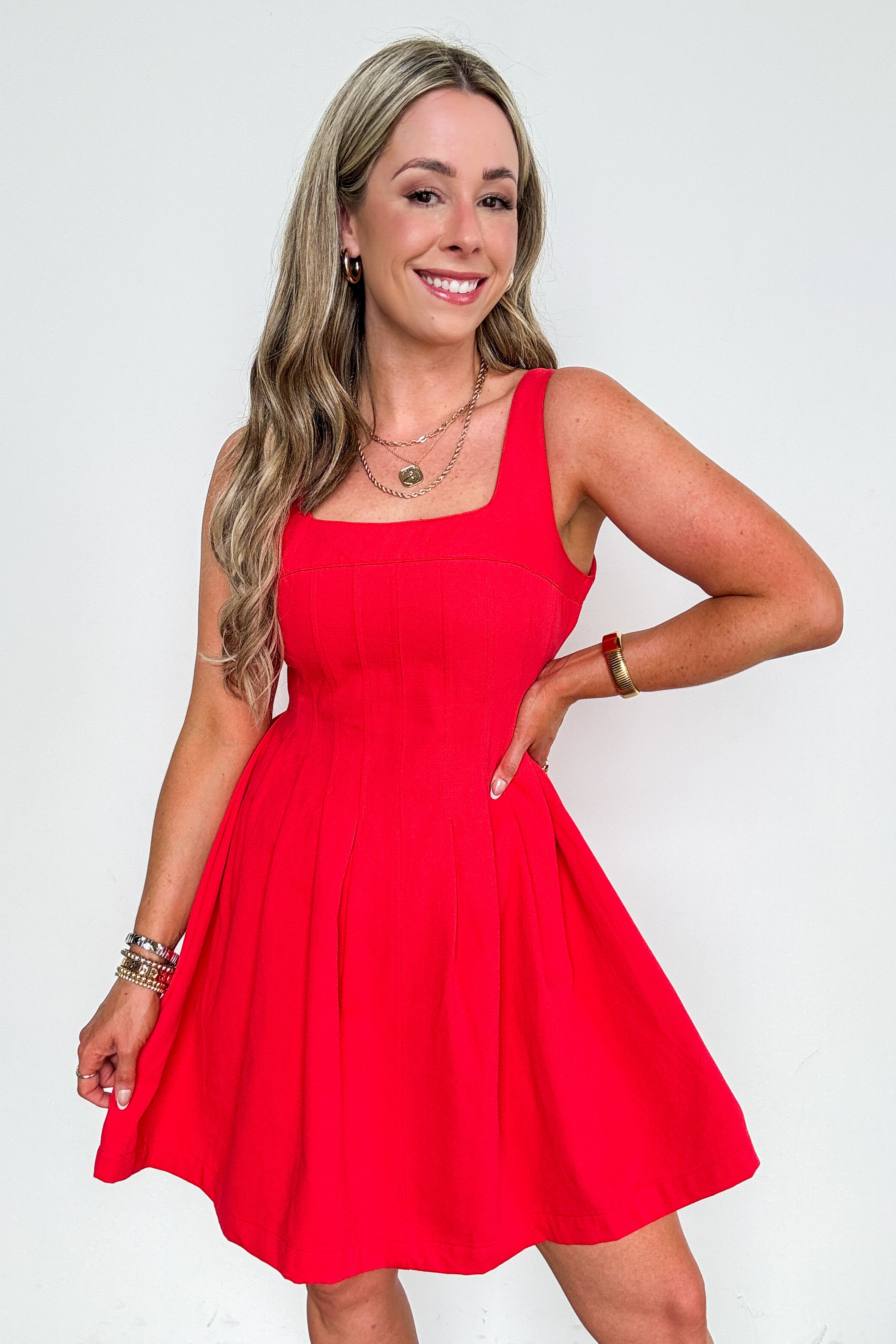 Fit And Flare Pleated Detail Sleeveless Dress
