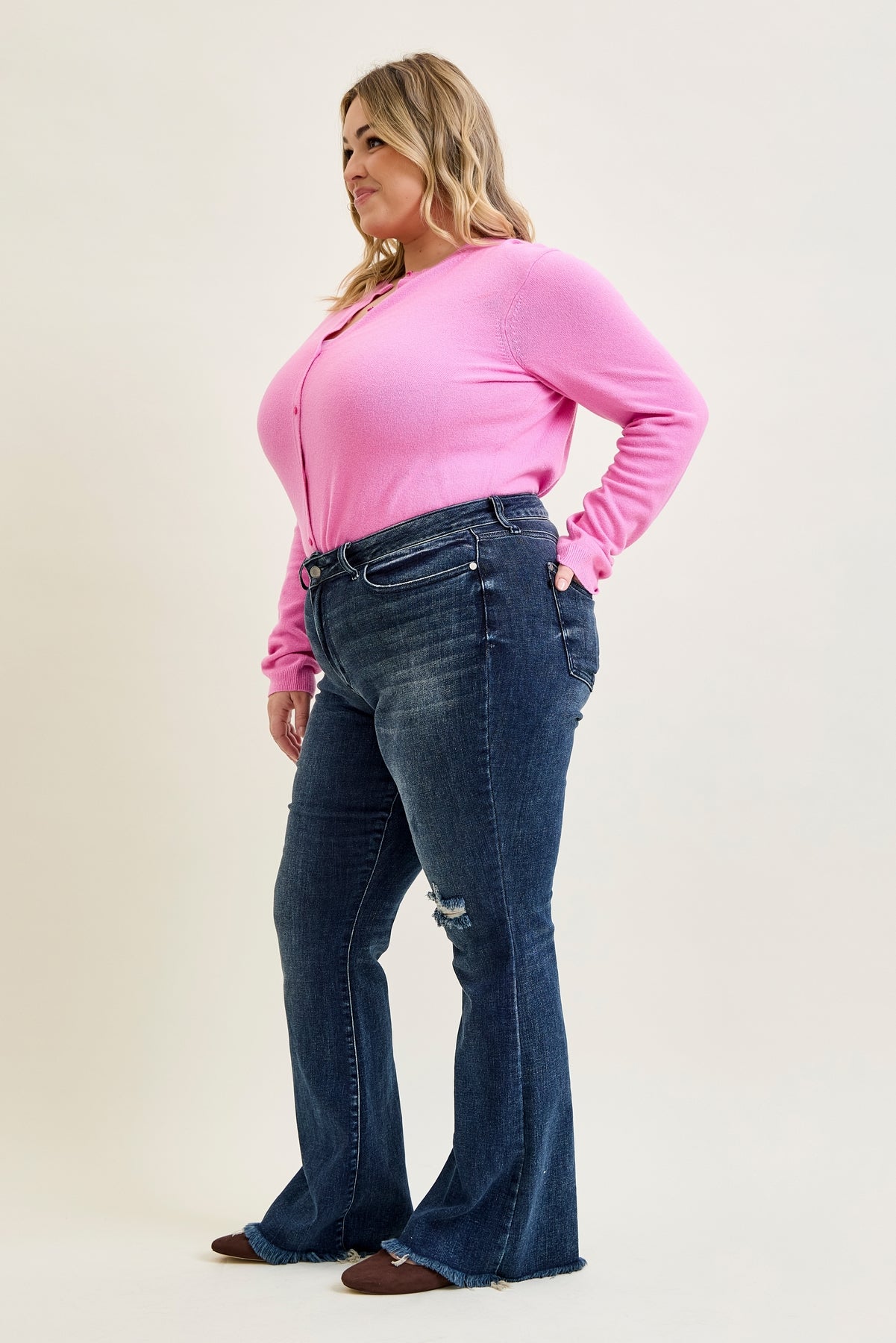 Amanda Mid Rise Flare Jeans with Distressed Knee & Frayed Hem - PLUS