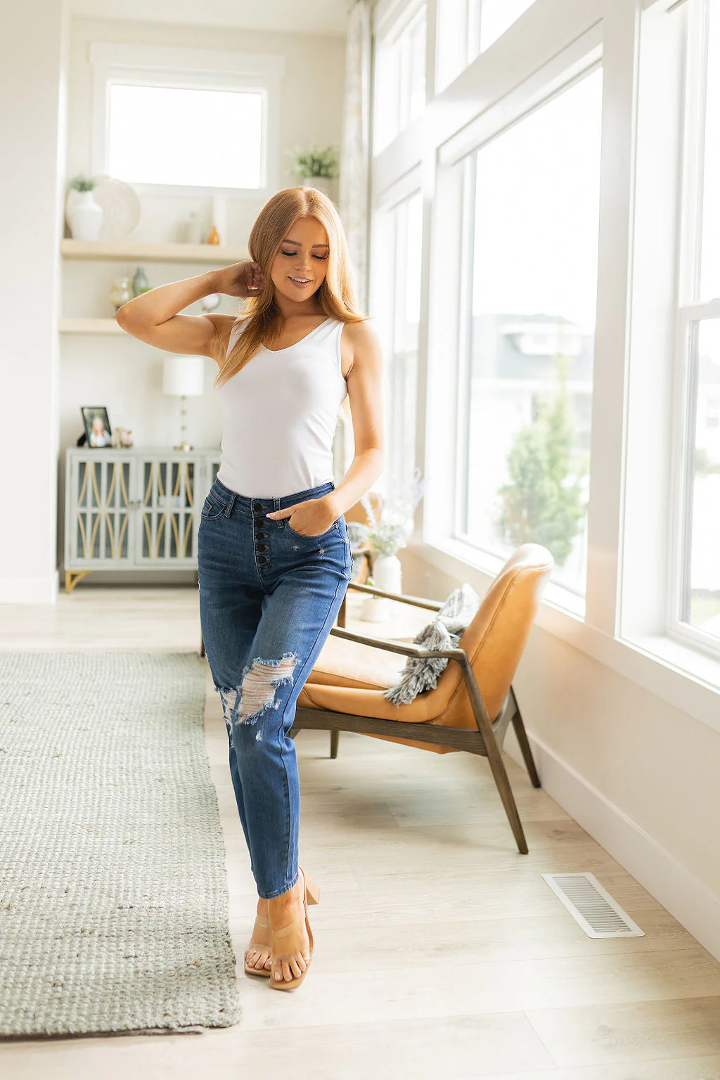 High Rise Button Fly Distressed Boyfriend Jeans