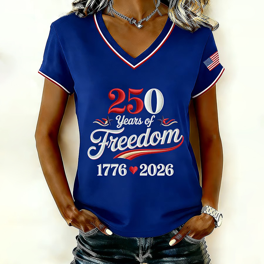 Women's Retro American 250th Anniversary Printed V-neck T-shirt
