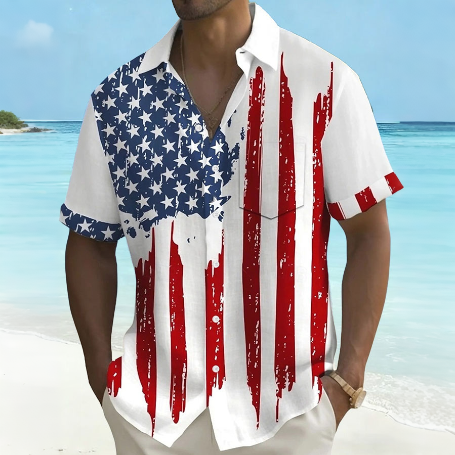 Men'S Hawaii Vacation US Independence Day Celebration Commemorative Printed Short Sleeve Shirt (Pocket Included)