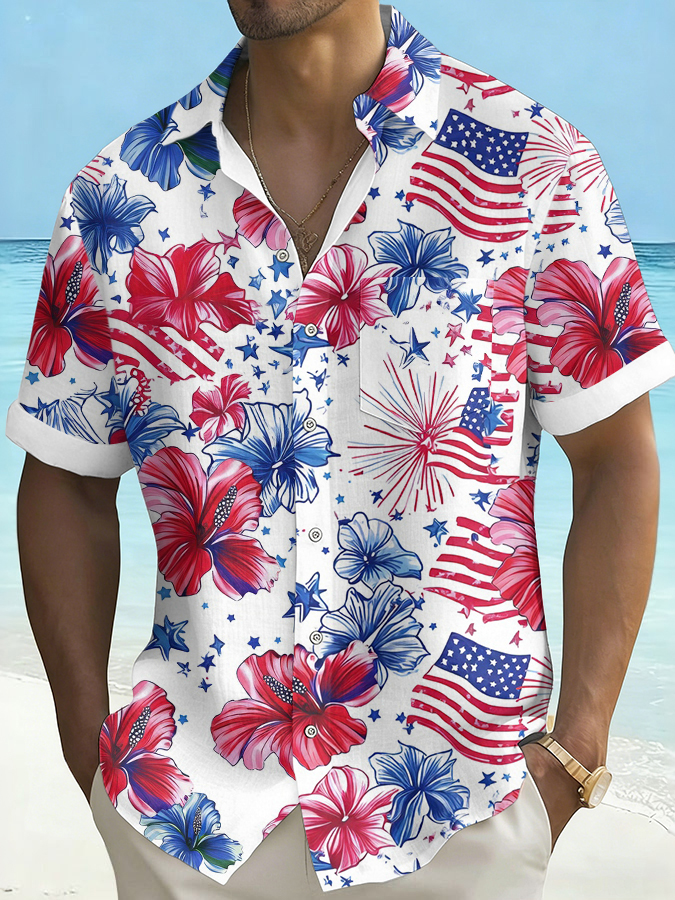 Men'S Hawaiian Vacation Printed Casual Short Sleeved Shirt (Including Pockets)