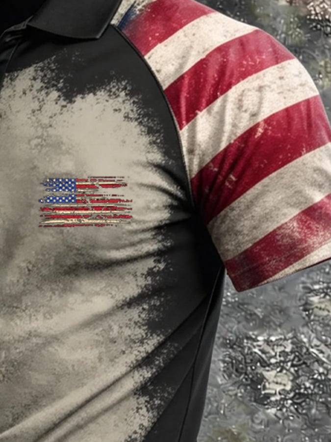 Men's Retro Patriot Color Block Polo Collar Short Sleeve