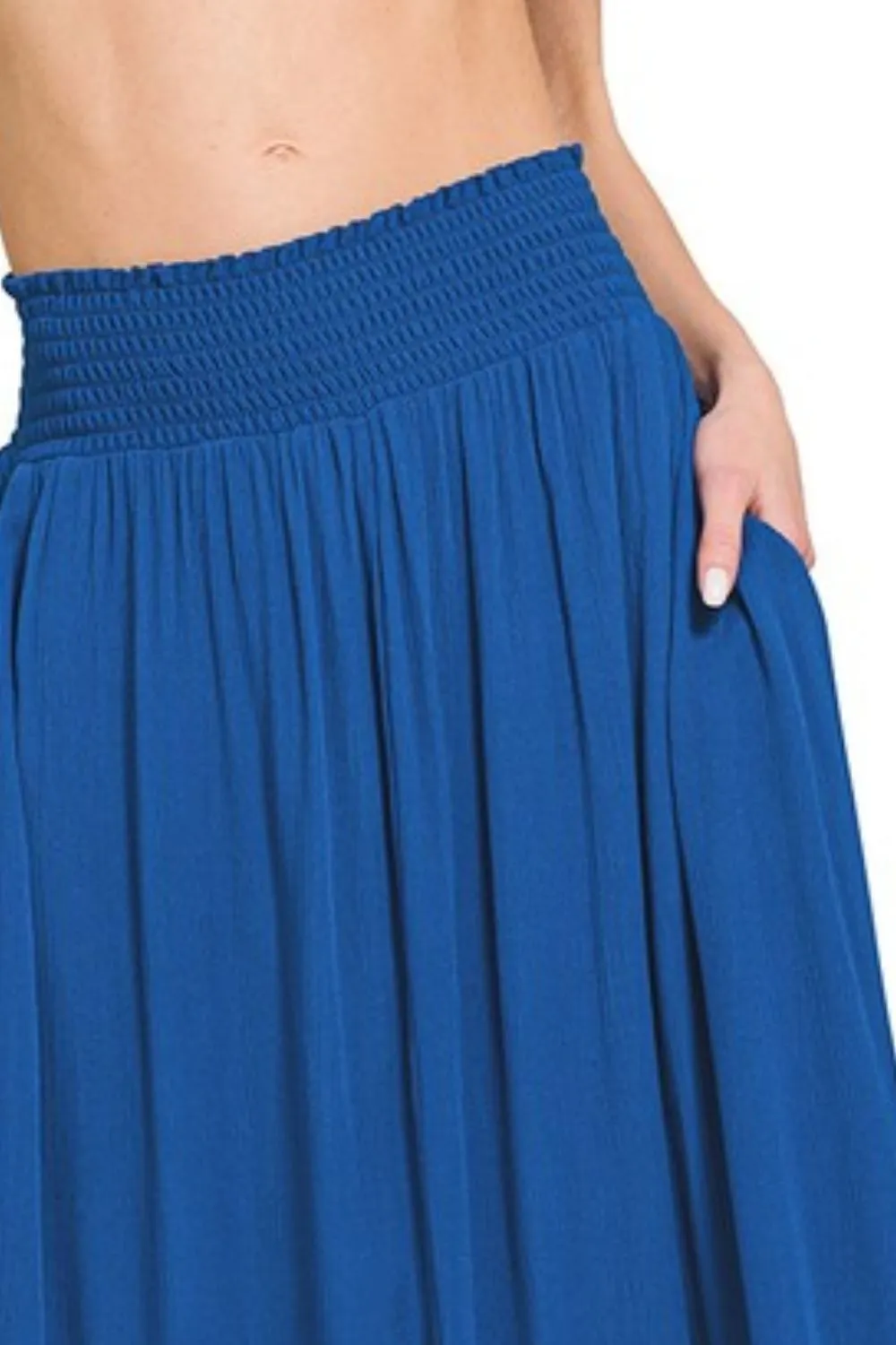Woven Crinkle Smocked Waist Maxi Skirt W Pockets