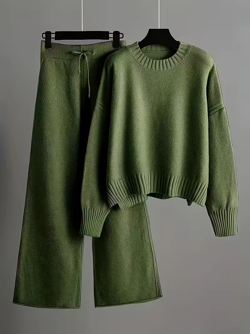 Elegant Seed Stitch Knit Sweater & Wide-Leg Pants Two-Piece Set