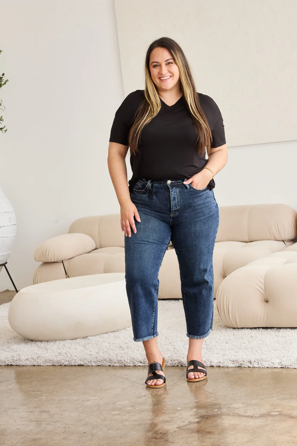 Full Size Tummy Control High Waist Raw Hem Distressed Jeans