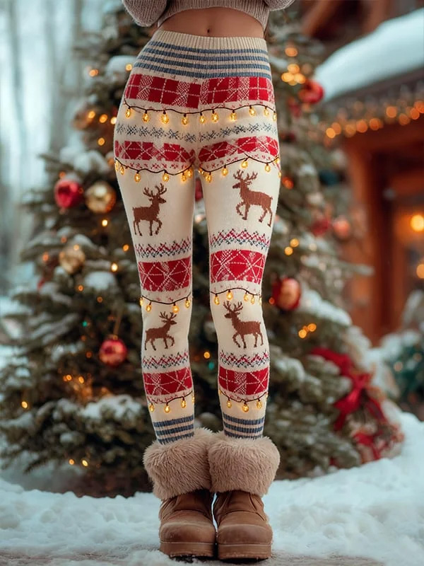 Women's Christmas Reindeer Lights Art Print Leggings