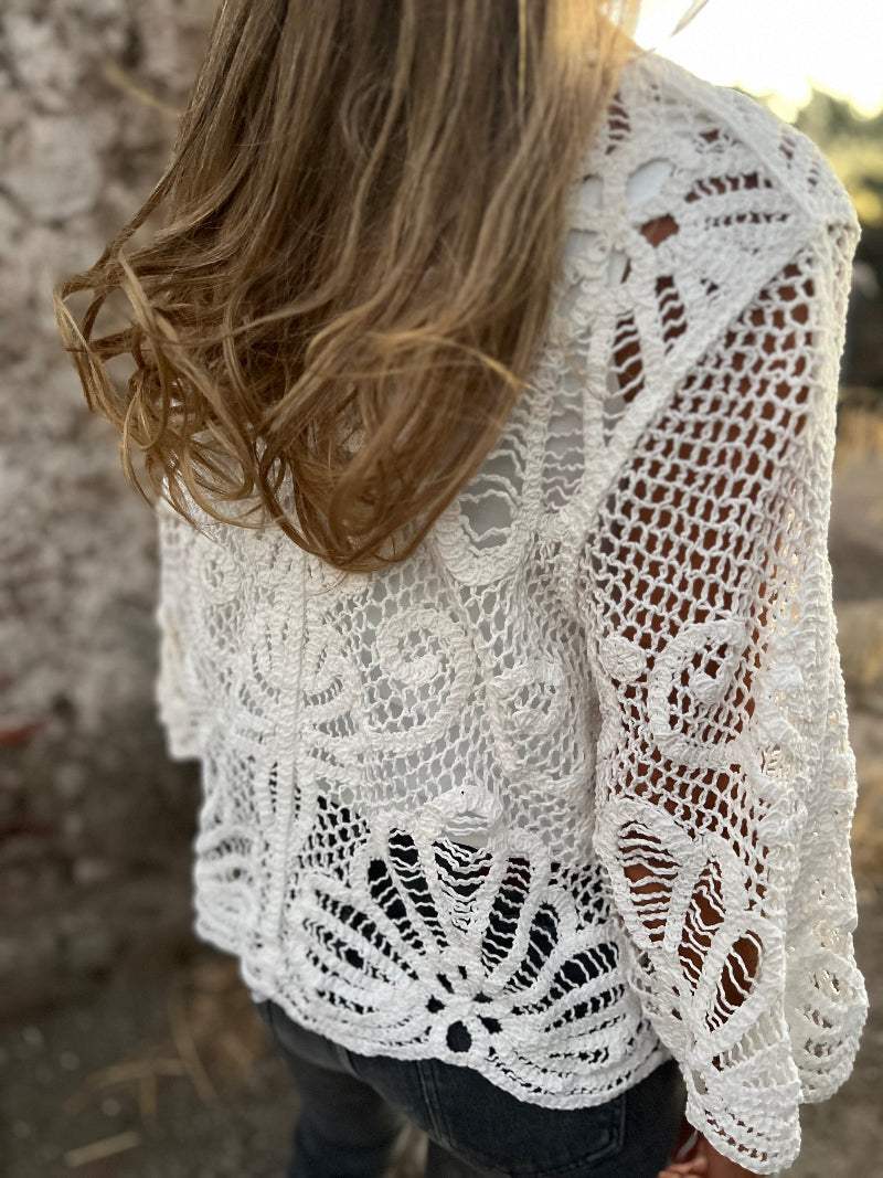 White Macramé Romantic Knit Cardigan