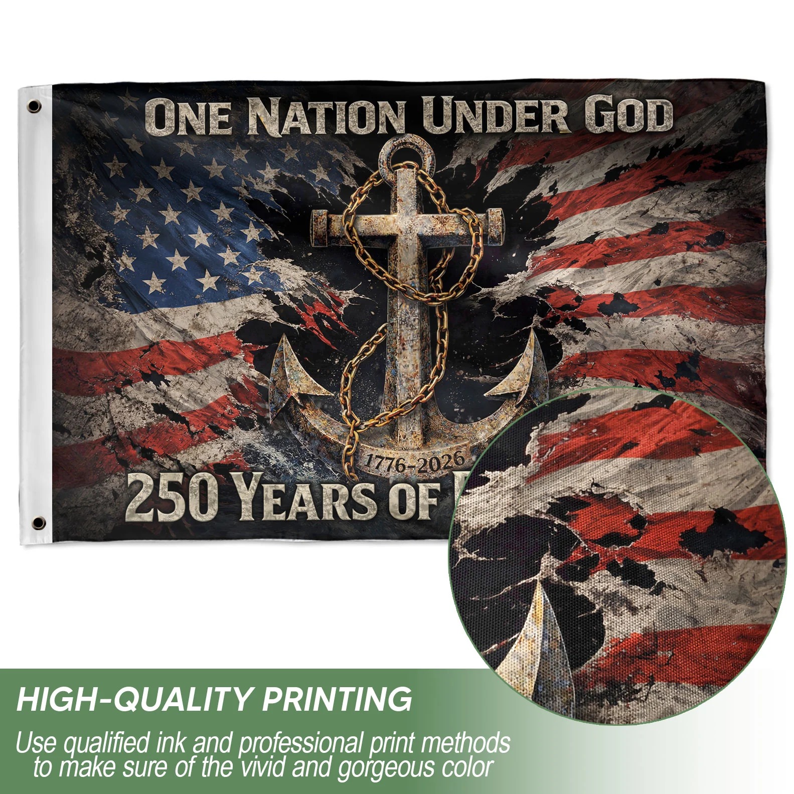 250 Years of Blessings Christian Flag 1776–2026 – Anchor Cross & Chain