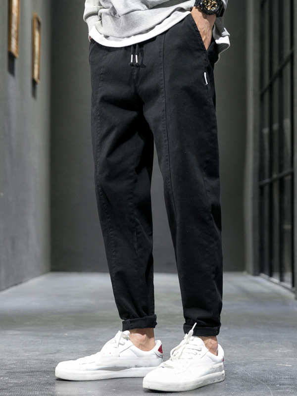 Men's Casual Quilted Slant Pocket Drawstring Waist Plain Straight Leg Pants