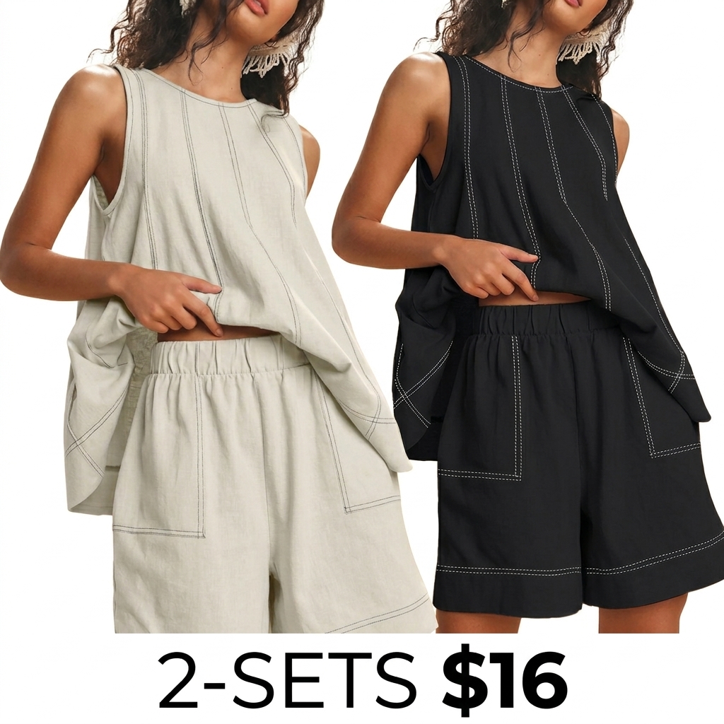 Women's 100% Cotton 2-Piece Set – A-Line Tank Top & High Waist Shorts with Pockets