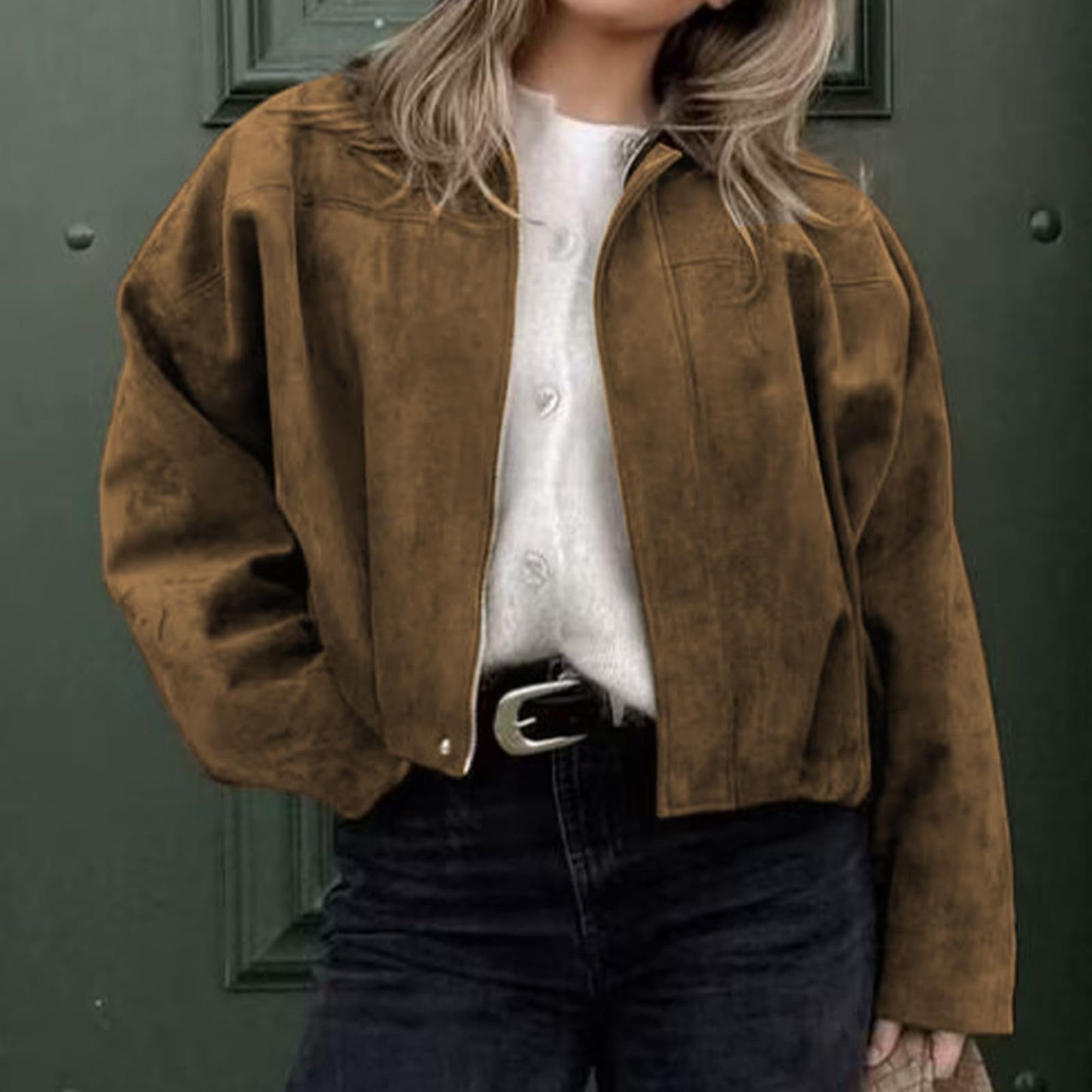 Xunger Women's Faux Suede Bomber Jacket Spring Lapel Pilot Coat Casual Oversized Long Sleeves Trendy Streetwear Outerwear