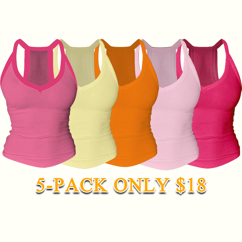Women's V-Neck Racerback Cotton Tank Top Fitted Cami with Built-In Shelf Bra Basic Sleeveless Shirt