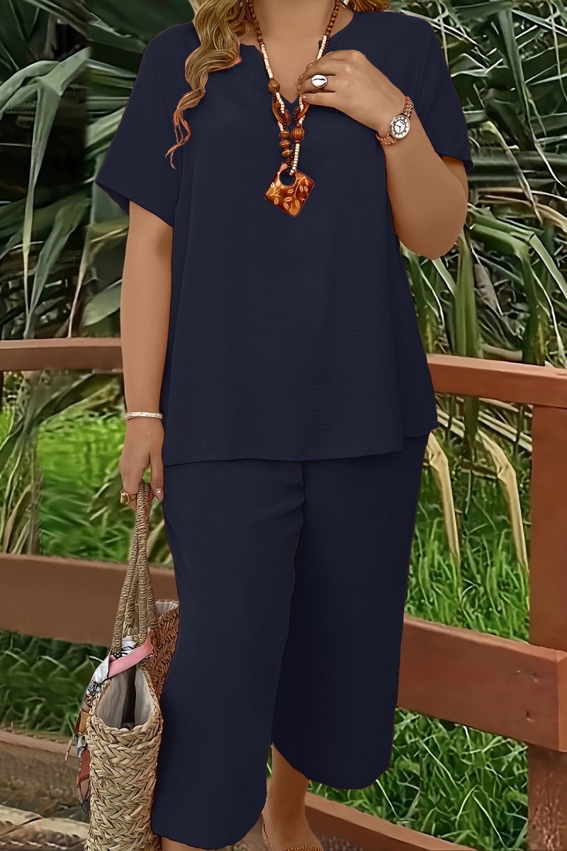 Elegant Plus Size Women's Solid Color Short Sleeve Fashion Top & Casual Wide Leg Pants Set