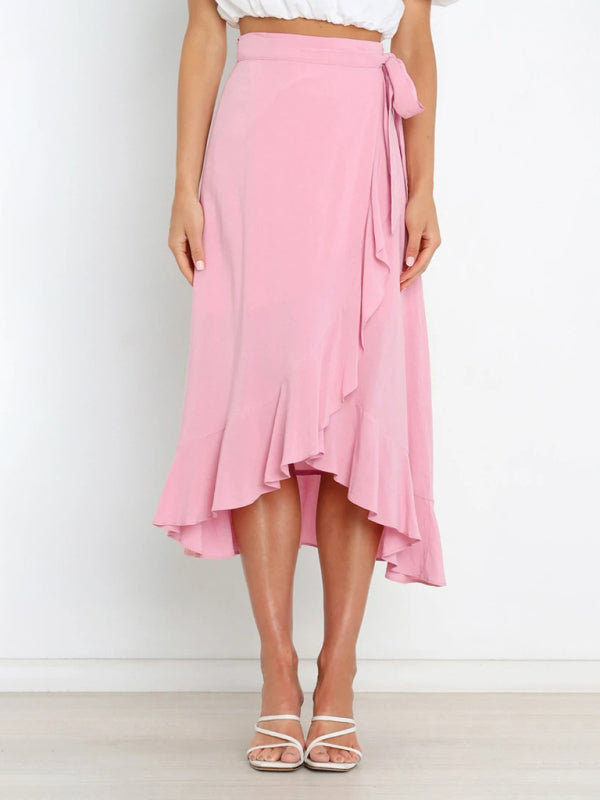 Waist Tie Solid Color Irregular Midi Flare Skirt