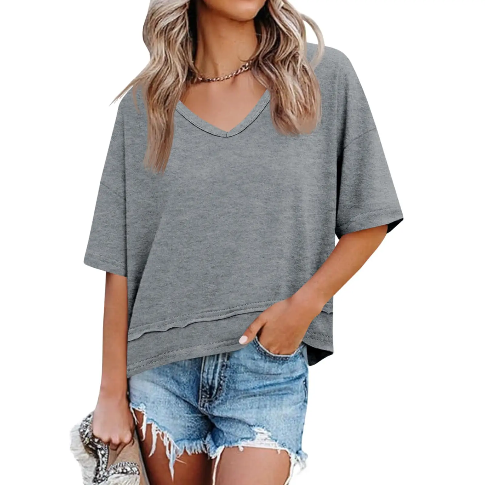 Women's Summer V Neck T Shirts Casual Short Sleeve Flowy Tops Cute Loose Fit Basic Tees Premium Blend Fabric Flattering V Neckline