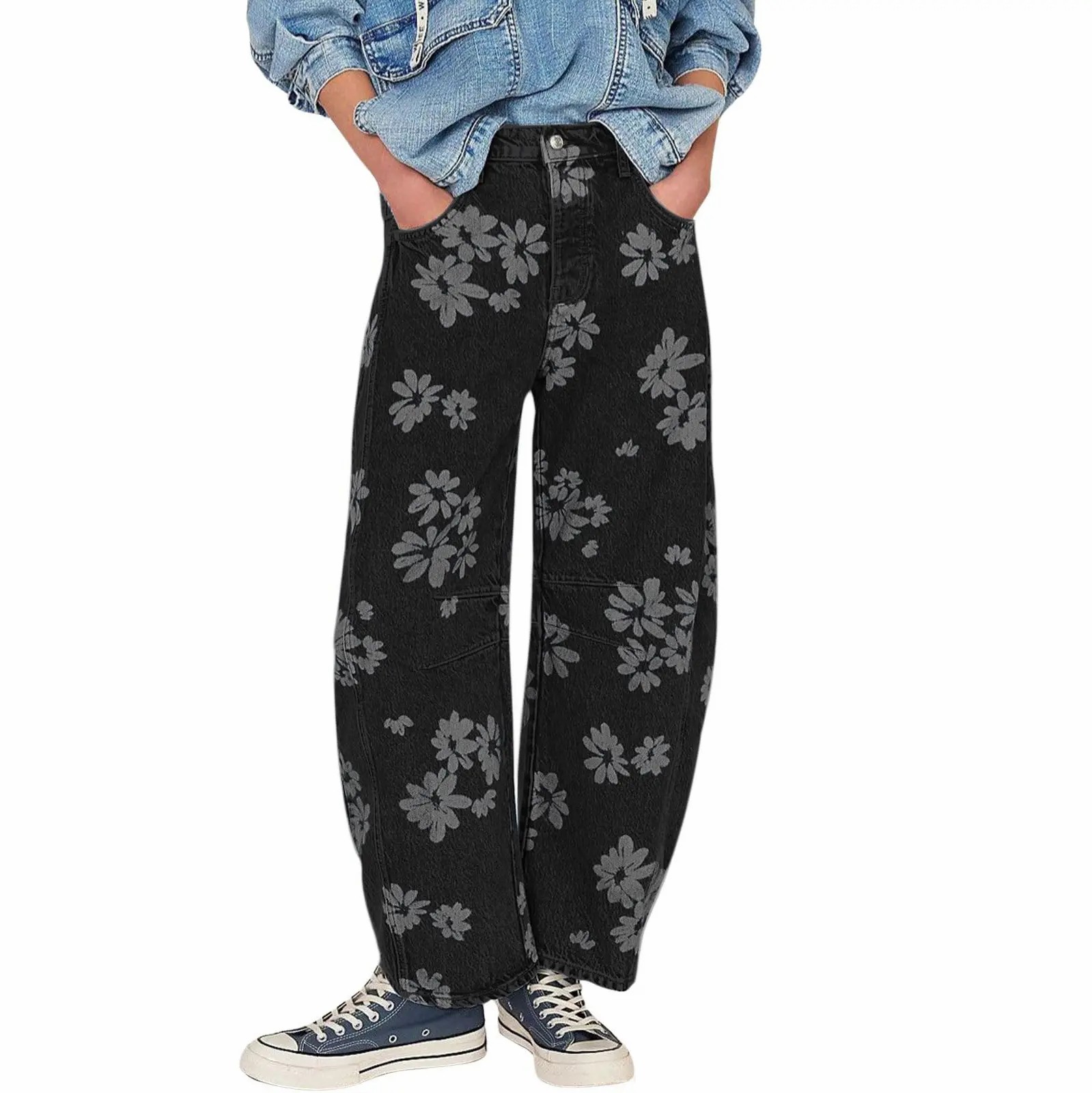 Women's Y2K Floral Printed Wide Leg Jeans – Loose Boyfriend Style Barrel Denim