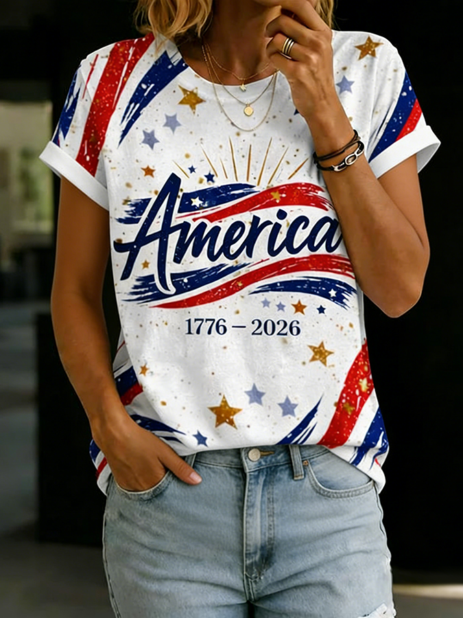 Ladies' Casual US National Day Flag Gradient Print Short Sleeved Round Neck T-Shirt