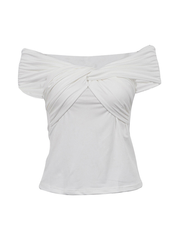 Knot Pleated Solid Color Split-Joint Short Sleeves Skinny Boat Neck T-Shirts Tops