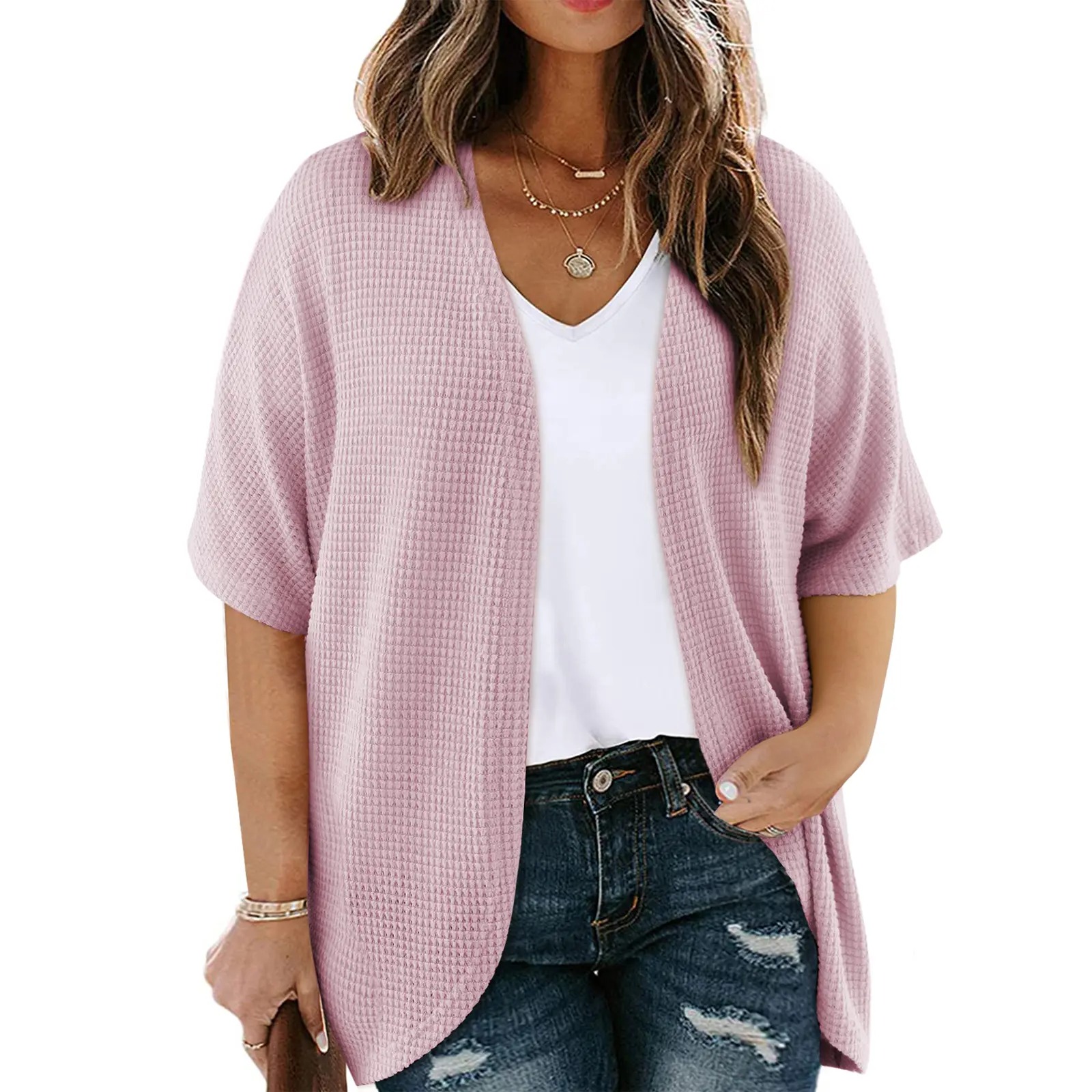 Women's Plus Size Cardigan Casual Short Sleeve Waffle Knit Kimono Open Front Tops(1X-5X)