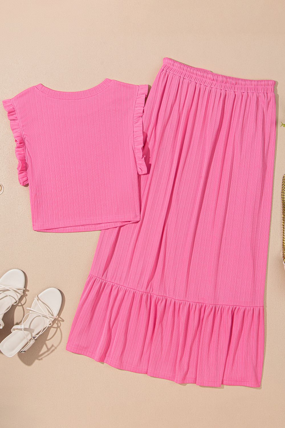 Ruffle Trim Round Neck Top And Drawstring Skirt Set