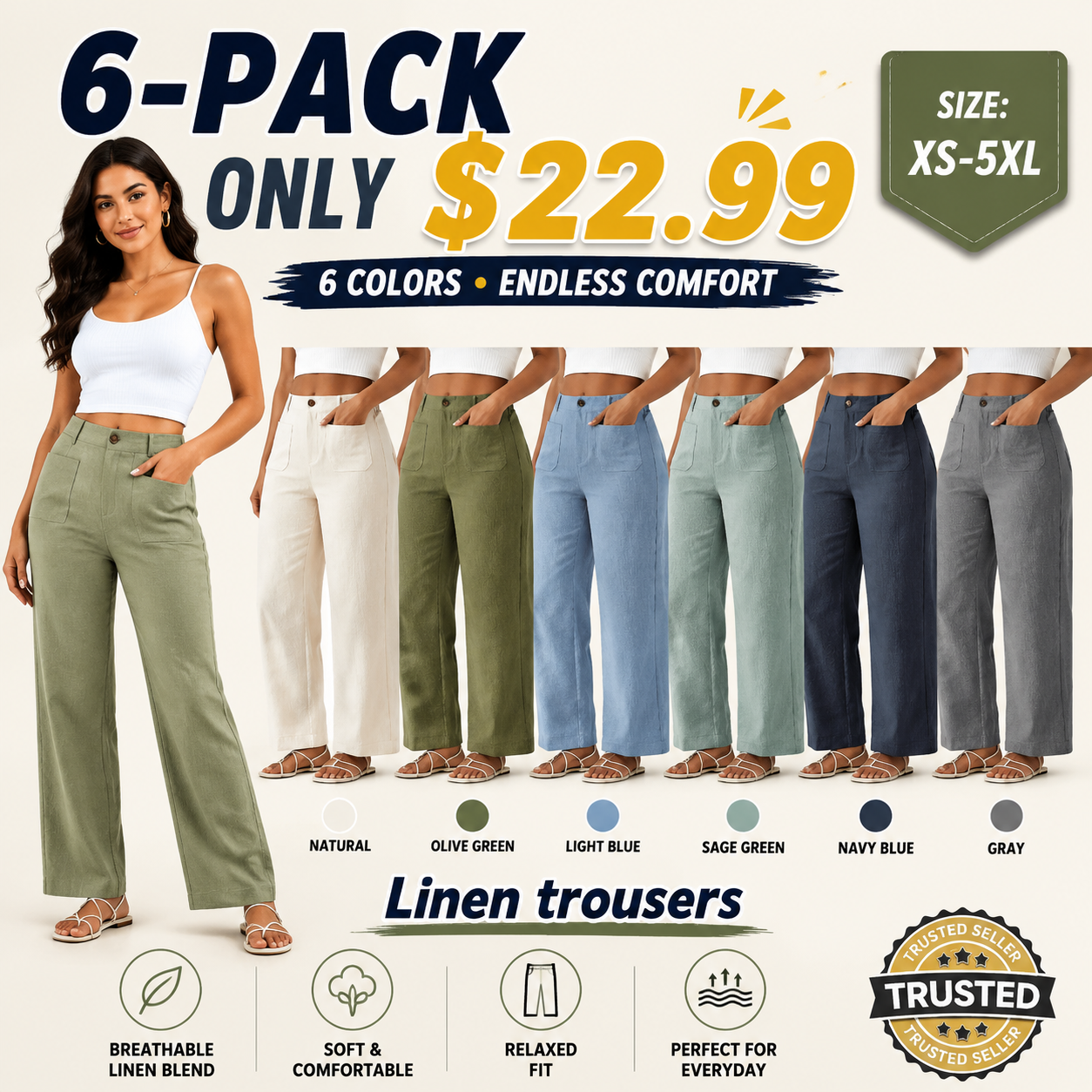High-waisted straight-leg casual trousers with a linen-like texture