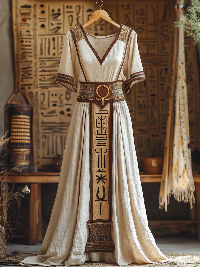 Egyptian Nile Goddess Ankh Totem Women's Linen Short Sleeve Maxi Dress