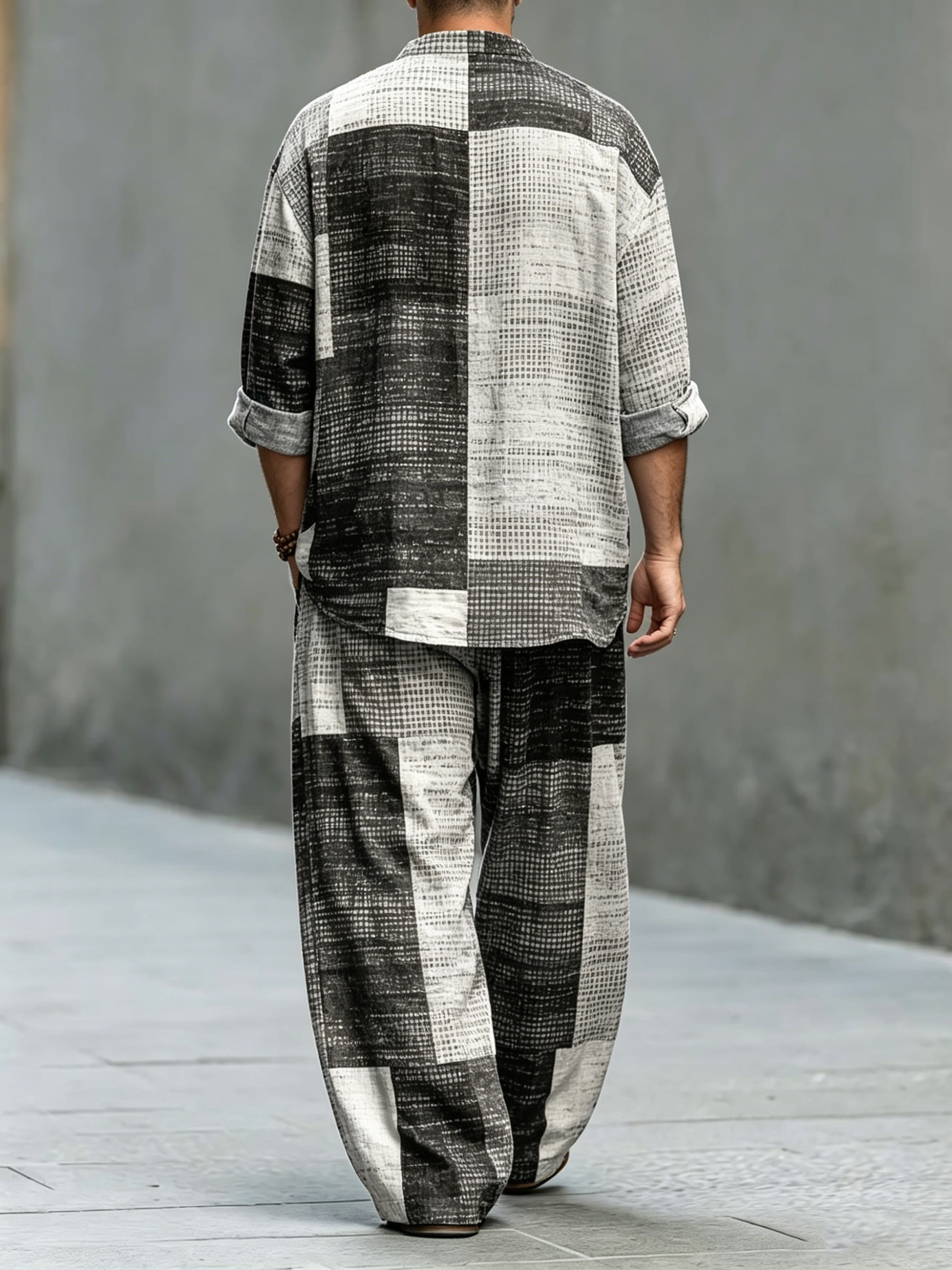 Men's Retro Geometric Patchwork Art Print Cotton Shirt Set