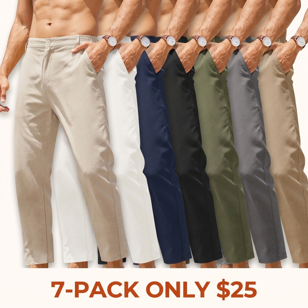 Men's Cotton-Linen Trousers — Elastic Waist, Lightweight Casual Pants, Slim Fit, Yoga & Beach Pants (With Pockets)