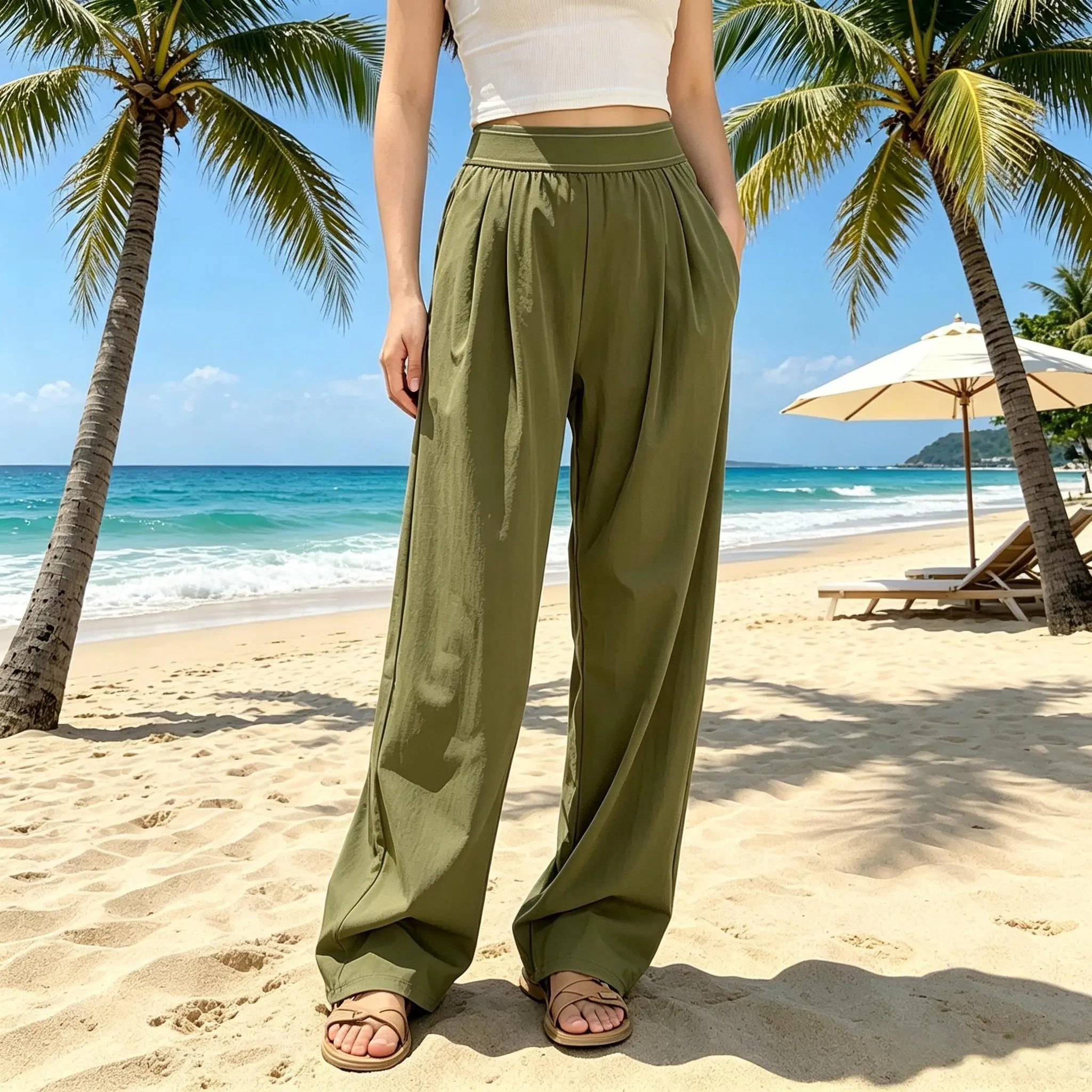 Women's High-Waisted Wide-Leg Casual Pants (with Pockets)
