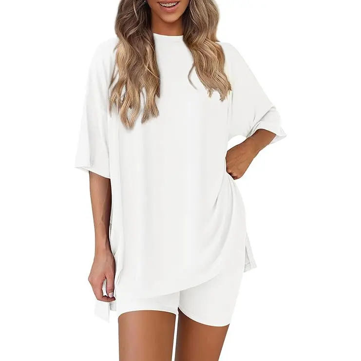 Two-Piece Set For Women Summer Casual Oversized Split Hem Shirts & Side Pocket Biker Shorts