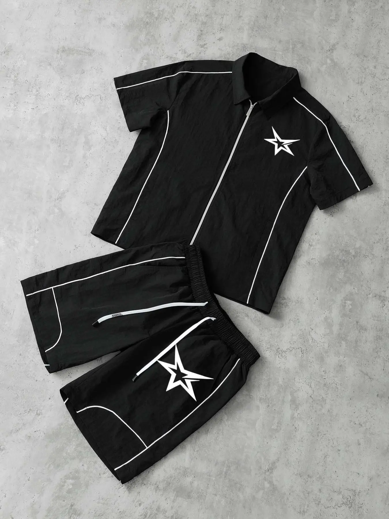 Stars Pattern Casual Set Short Sleeve Zipper Shirt + Gym Shorts Two-Piece Set, Breathable Comfort Spring Summer Daily Wear Activewear Set