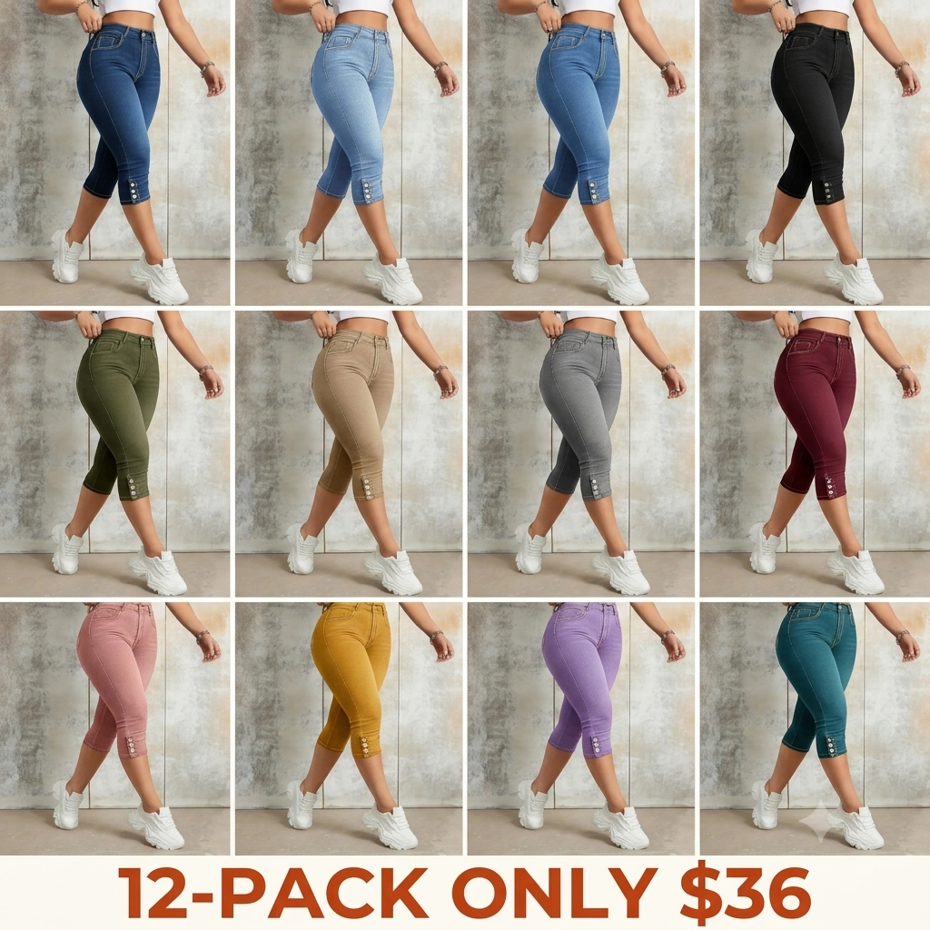Women's Pocket Button Stretch Slim Fit Jeans (Capri)