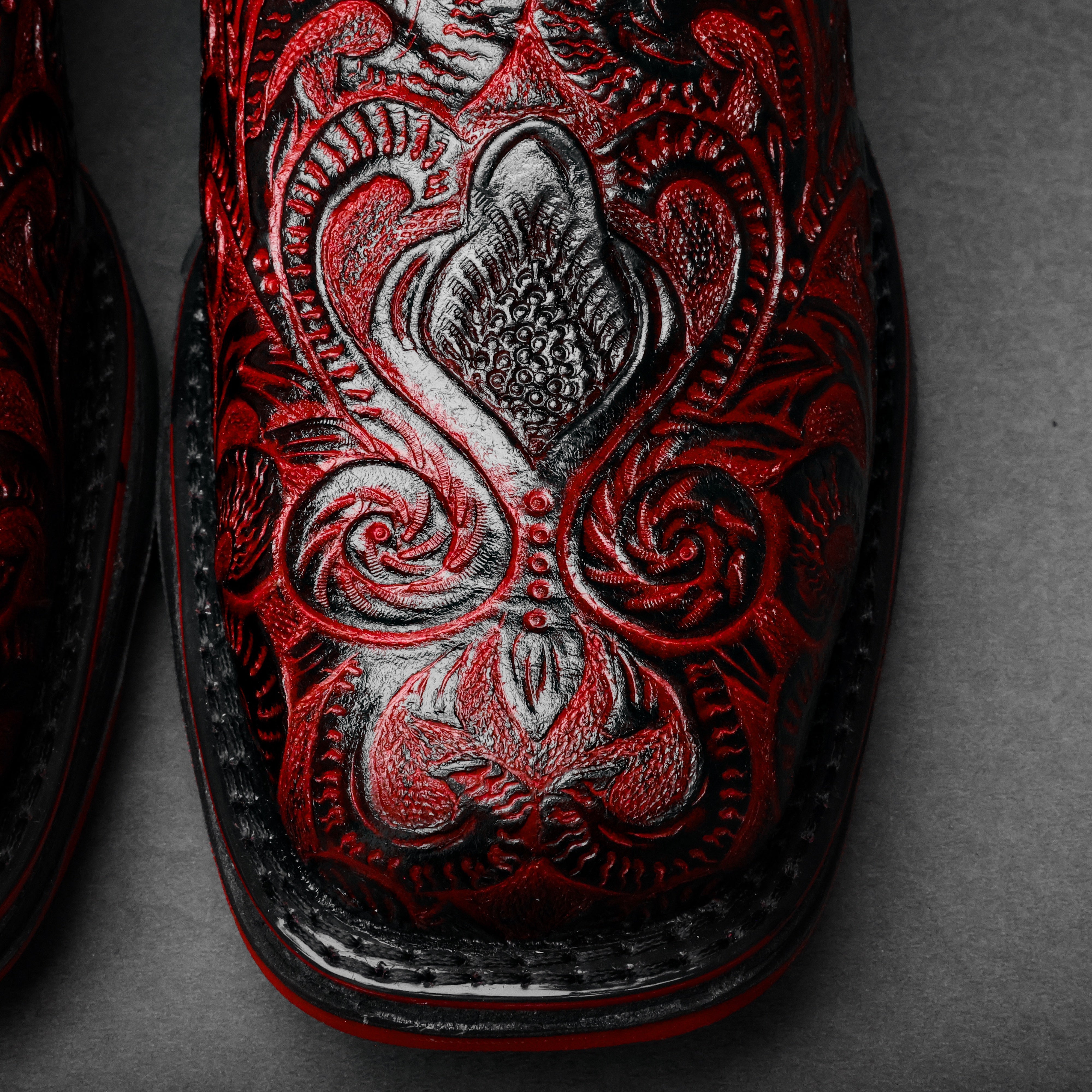 Black Cherry Hand-Tooled Leather Boots With 3D Lightweight Sole - Composite Toe