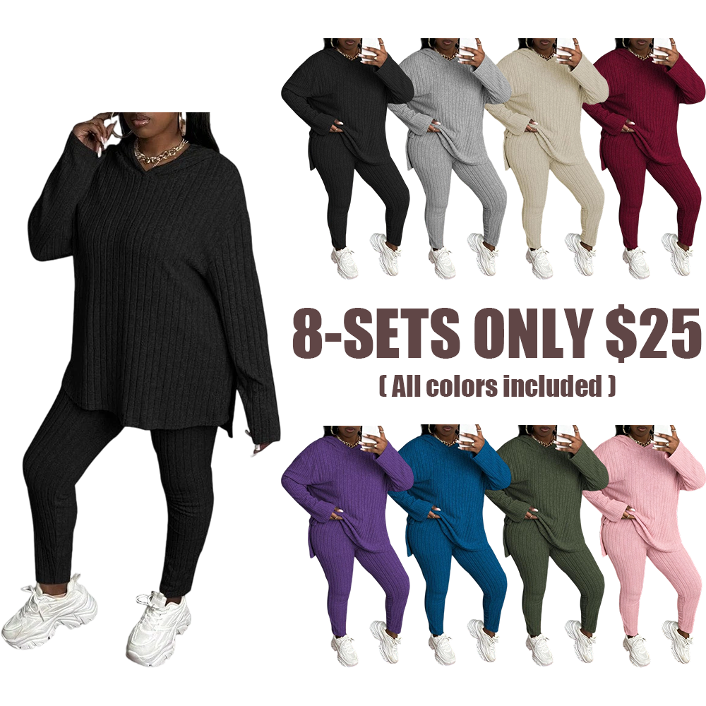 [Plus Size]Women's Two-Piece Set Solid Textured Ribbed Drop Shoulder Hoodie & Elastic Waist Pants, Casual Fashion Cozy Ribbed Outfits