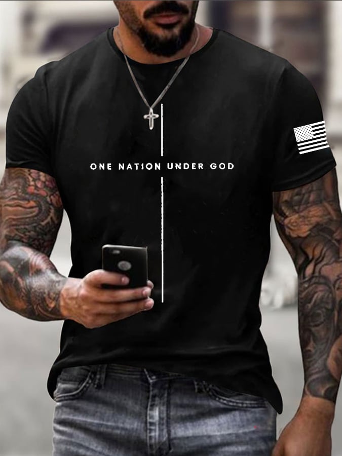 Men's Patriotic Faith Cross ONE NATION UNDER GOD Print Short-Sleeve T-Shirt